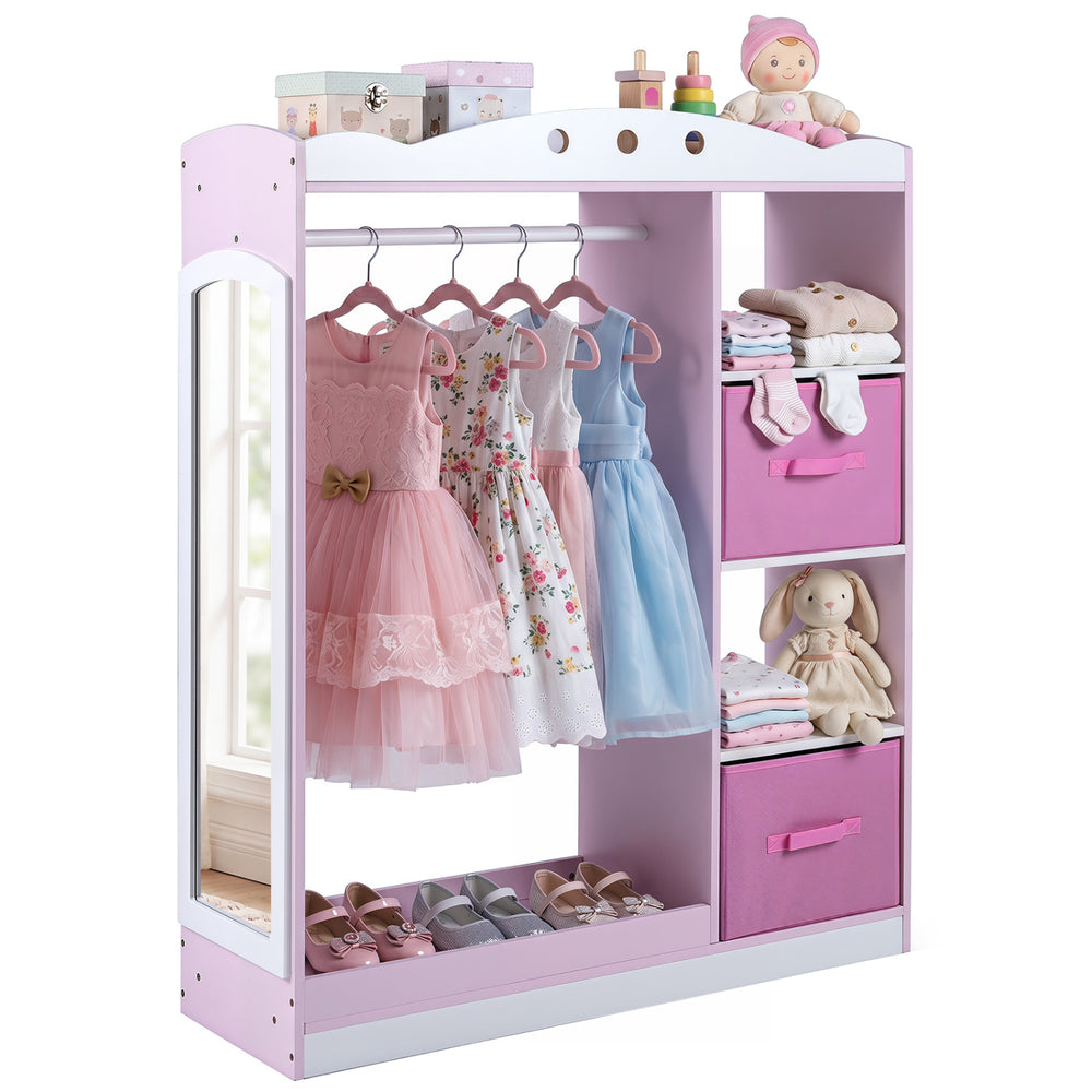 Kids dress up storage in pink with full-length mirror, hanging rod, open shelves, and foldable drawers for ample.