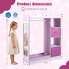 Kids dress-up storage in pink with full-length mirror, open shelves, and foldable drawers, ideal for playroom.