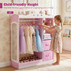 Kids dress up storage in pink with full-length mirror, hanging rod, and open shelves for easy access and organization.