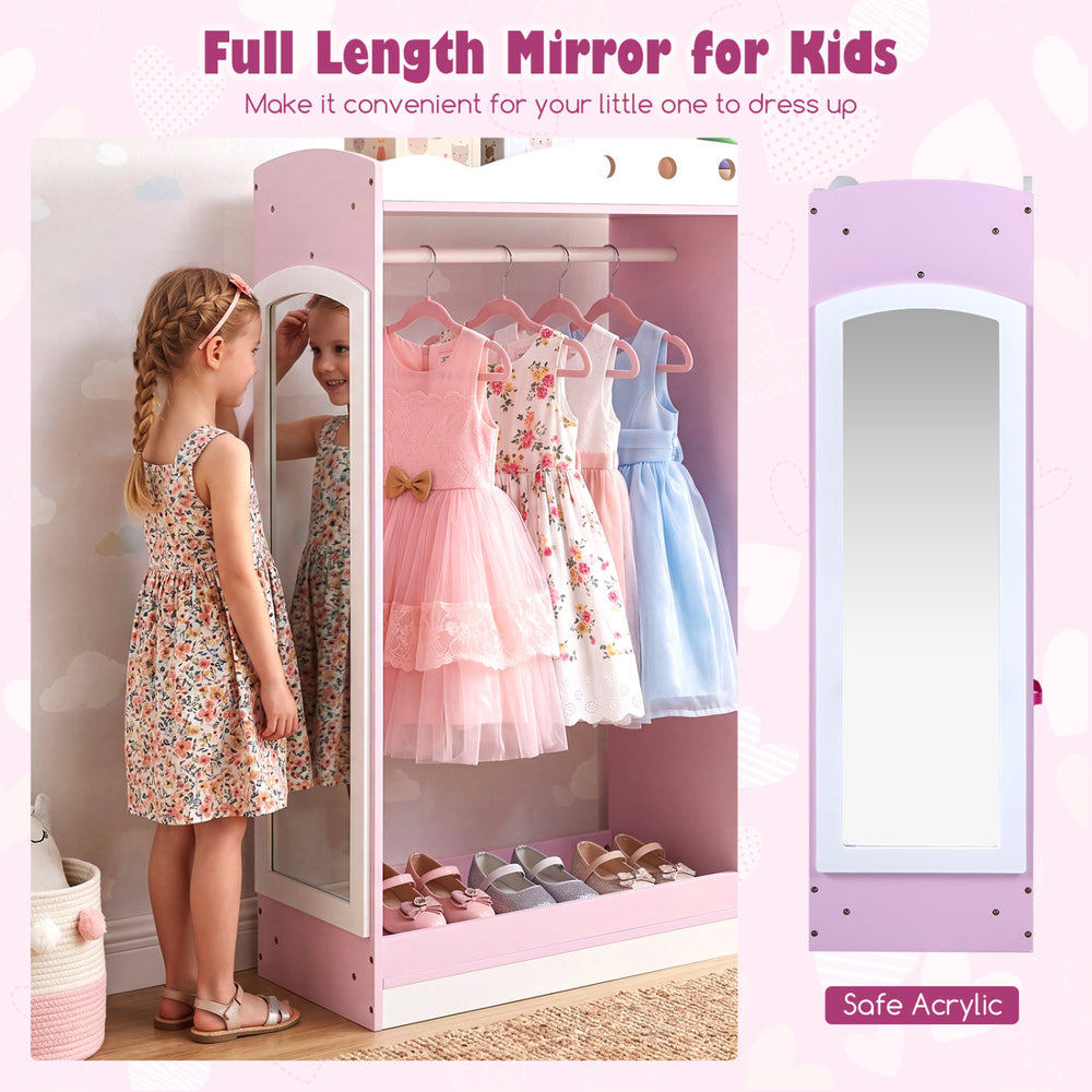 Kids dress up storage with a full-length acrylic mirror in pink, featuring open shelves and ample storage for outfits.