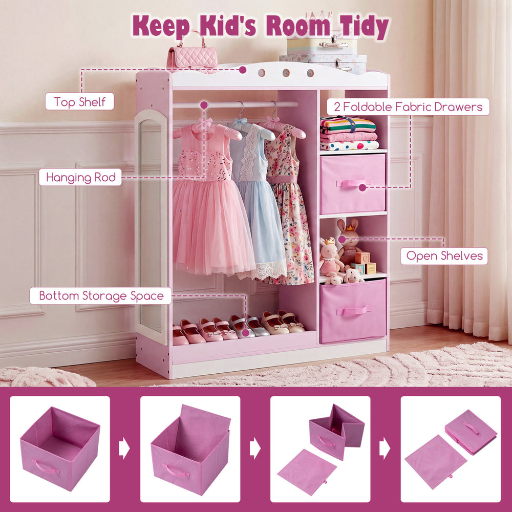 Kids dress up storage in pink with full-length mirror, open shelves, and foldable fabric drawers for organized.