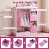 Kids dress up storage in pink with full-length mirror, open shelves, and foldable fabric drawers for organized.