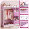 Kids dress-up storage in pink with full-length mirror, hanging rod, and open shelves for easy access and ample storage.