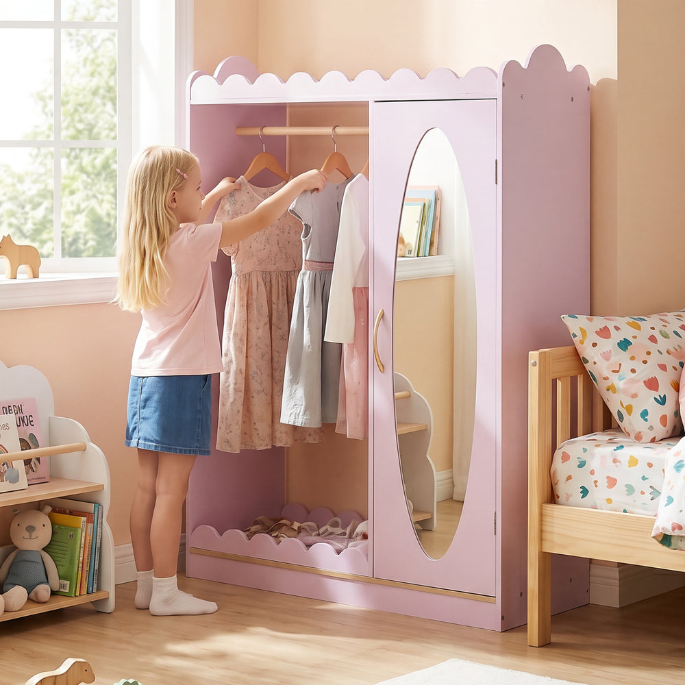Kids dress-up storage in pink with a full-length mirror, top shelf, and cabinet, perfect for a child's room or playroom.