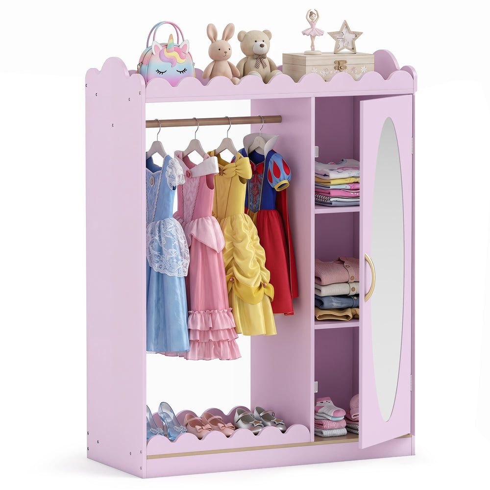 Kids dress-up storage in pink with a full-length mirror, shelves, and rounded corners for safety in a child's room.
