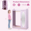 Kids dress up storage in pink with a full-length mirror, ample shelves, and rounded corners for safety, perfect for playrooms.