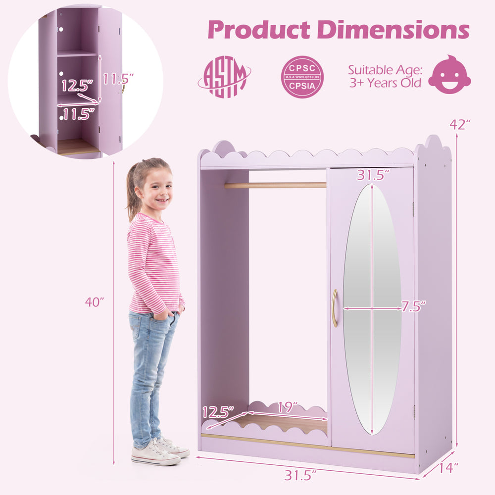 Kids dress up storage in pink with a full-length mirror, ample shelves, and rounded corners for safety, perfect for playrooms.