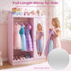 Kids dress-up storage with a full-length pink acrylic mirror, featuring ample storage and a kid-friendly design for easy access.