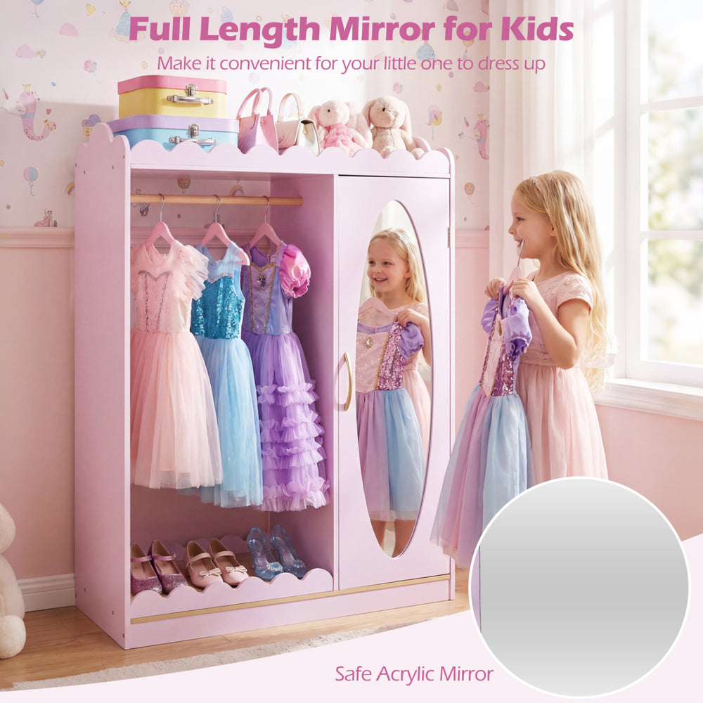 Kids dress-up storage with a full-length pink acrylic mirror, featuring ample storage and a kid-friendly design for easy access.