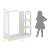 Kids dress up storage in white with mirror, featuring clothes hanger and open shelves for organized playroom storage.