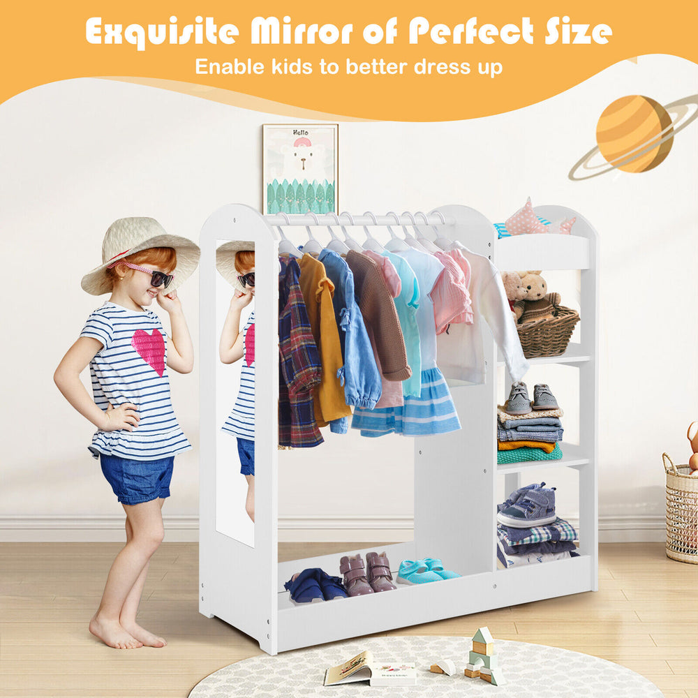 Kids dress up storage with mirror in white, featuring clothes hanger and open shelves for organized playroom storage.