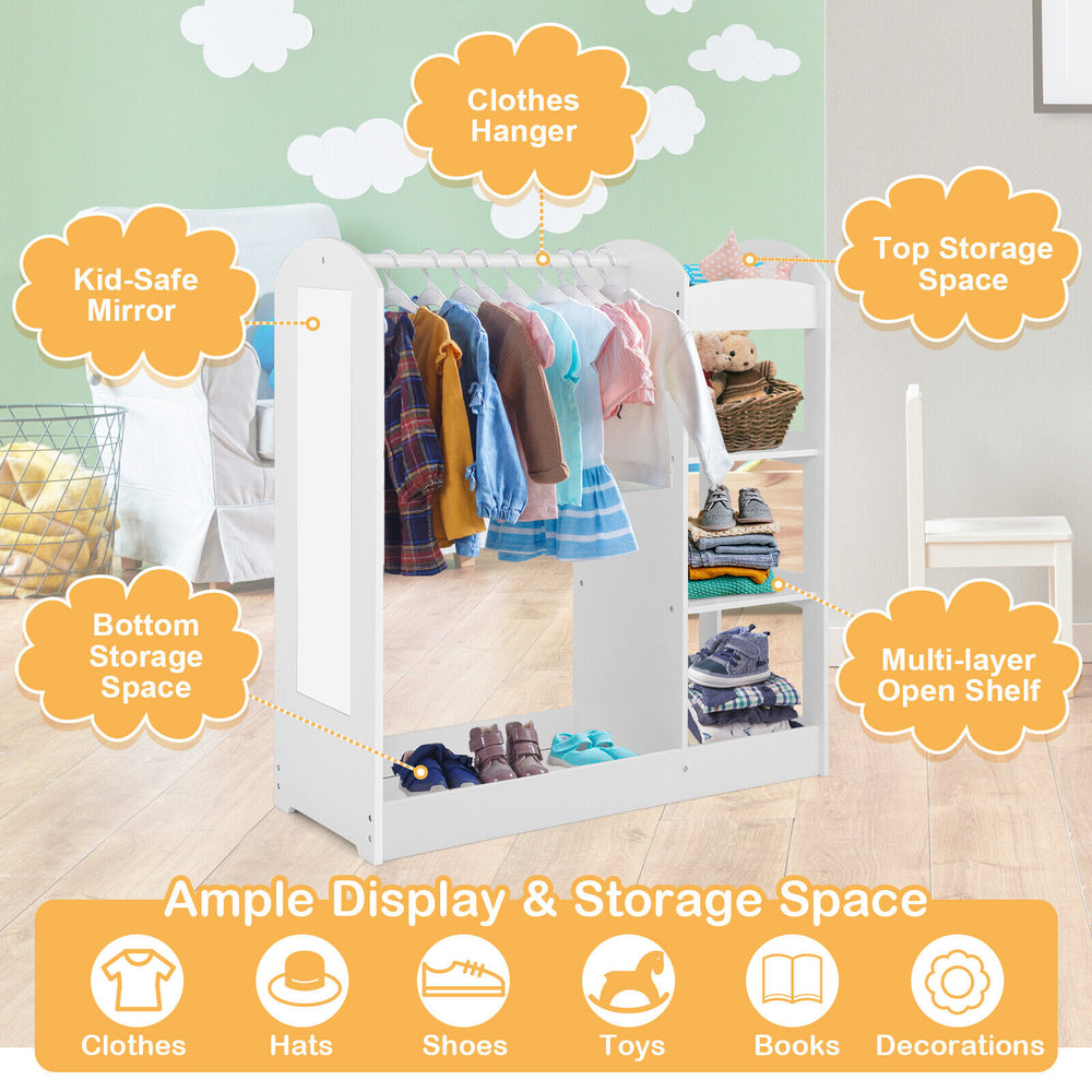 Kids dress up storage in white featuring a clothes hanger, mirror, and multi-layer shelves for organized playroom use.