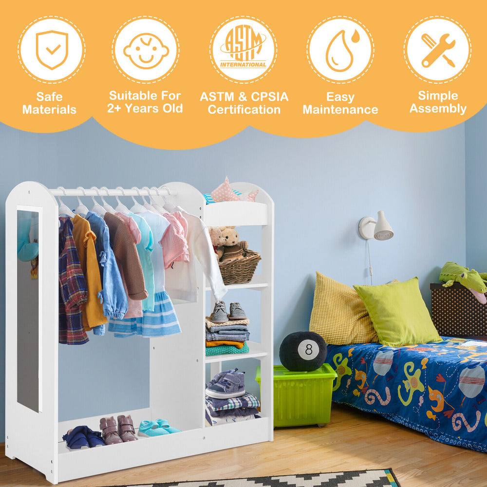 Kids dress up storage in white with mirror, featuring ample storage space and kid-safe design for organizing clothes.