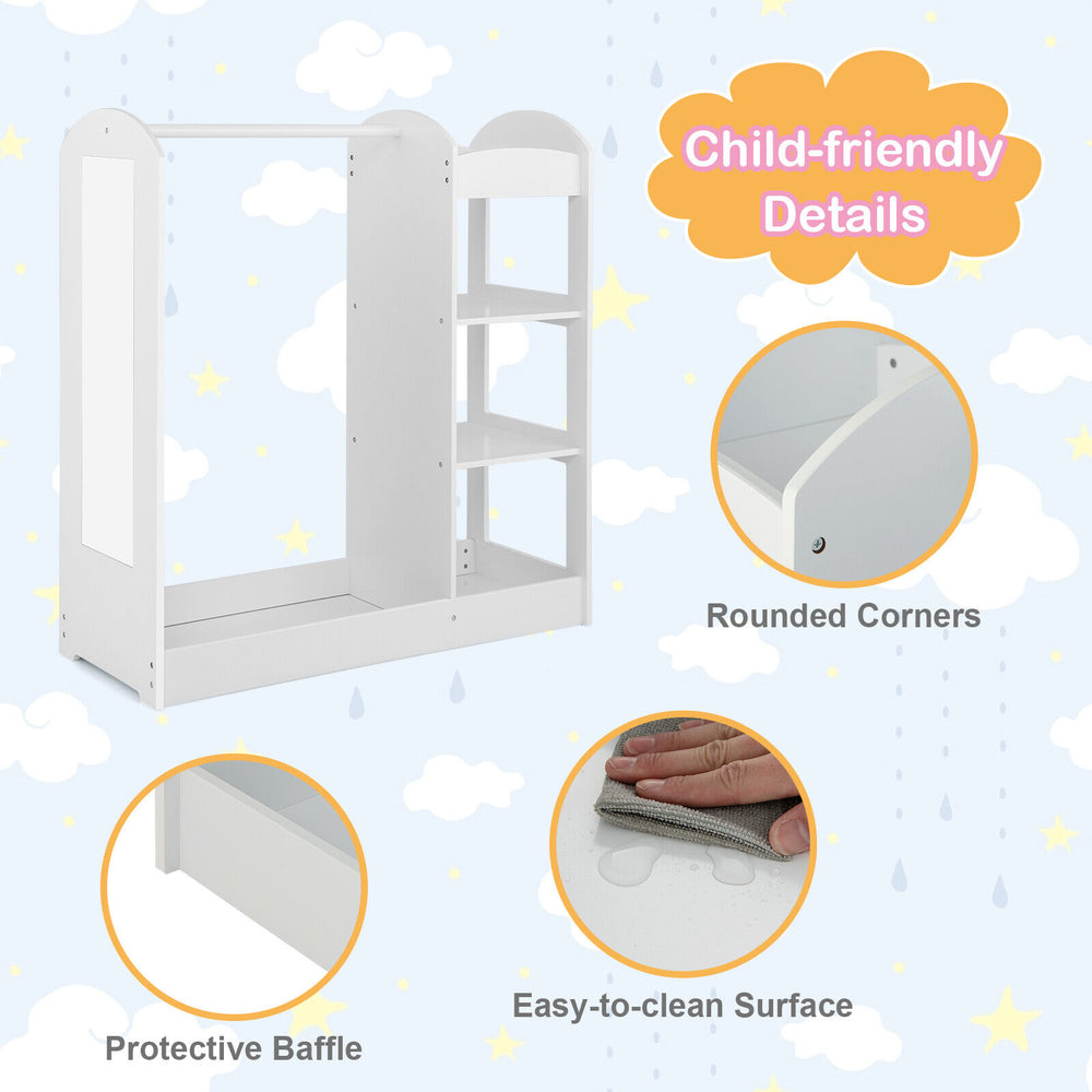 Kids dress up storage in white with mirror, rounded corners, and ample storage for organizing clothes in a playroom.