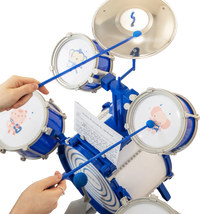 Kids drum set in blue with detachable drums and cymbal, designed for educational musical play and easy assembly.