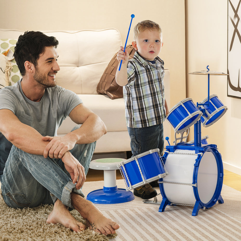 Kids drum set in blue with detachable drums and cymbal, perfect for musical education and fun for toddlers.