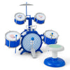 Blue kids drum set featuring five detachable drums, a cymbal, and a sturdy stool for musical play and coordination.