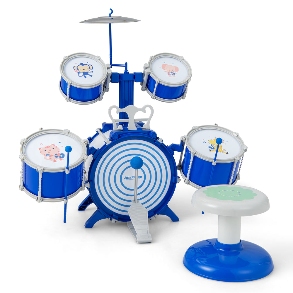 Blue kids drum set featuring five detachable drums, a cymbal, and a sturdy stool for musical play and coordination.
