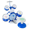 Kids drum set in blue with 5 detachable drums, cymbal, and sturdy stool, designed for musical education and fun.