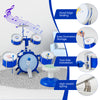 Kids blue drum set with 5 detachable drums, cymbal, and anti-slip pedal for musical education and fun.