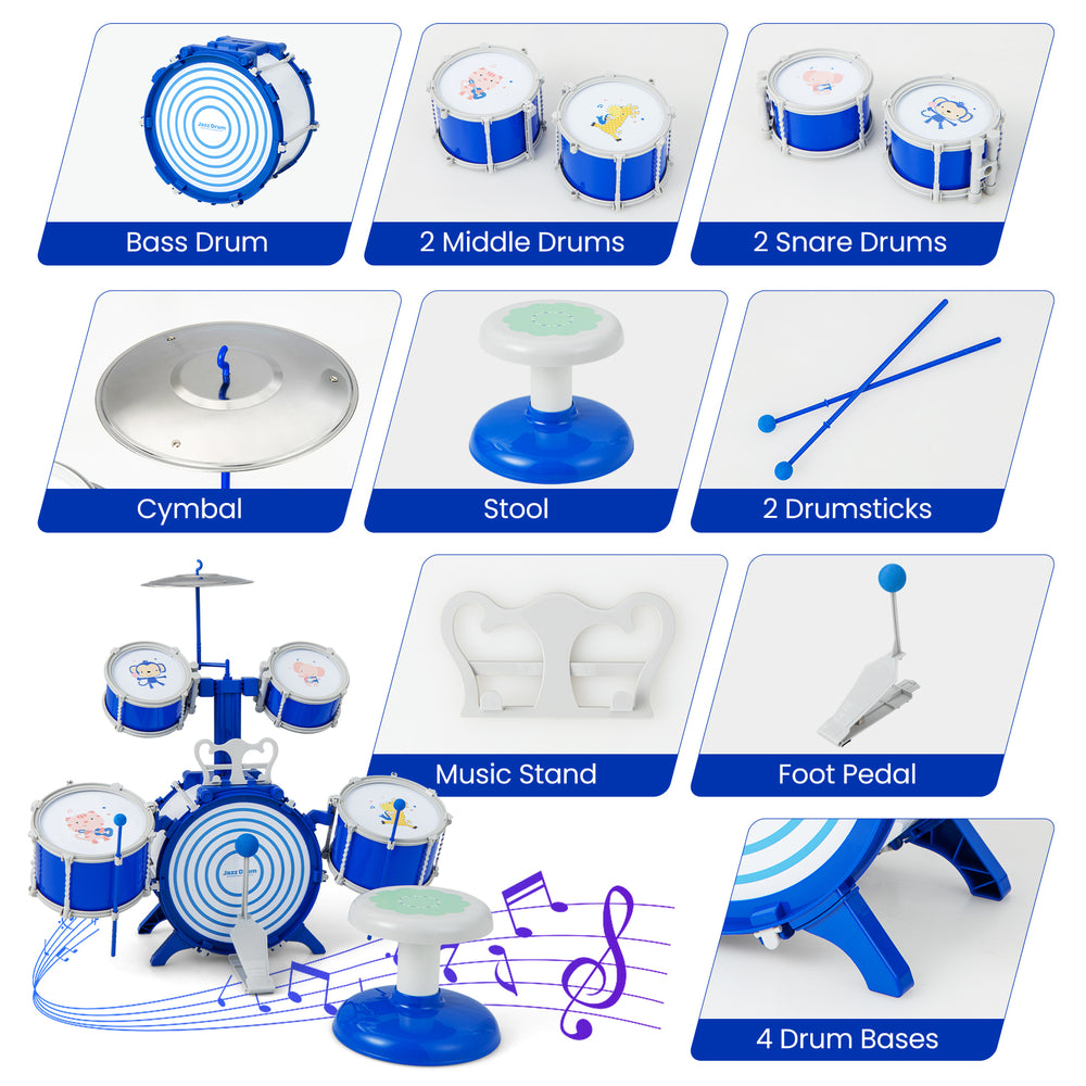 Kids drum set featuring a blue bass drum, cymbal, and detachable drums, designed for musical education and fun.