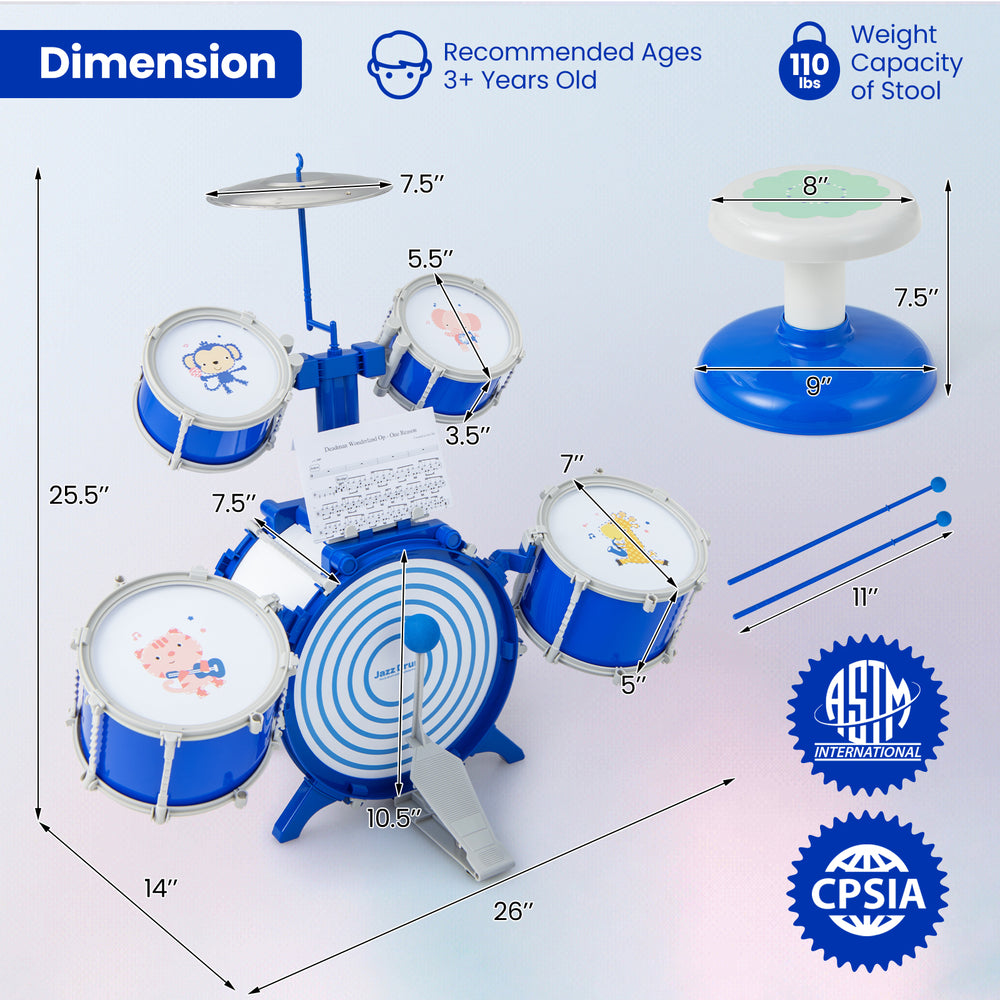 Kids drum set in blue featuring five detachable drums, a cymbal, and a sturdy stool for ages 3+, promoting musical.