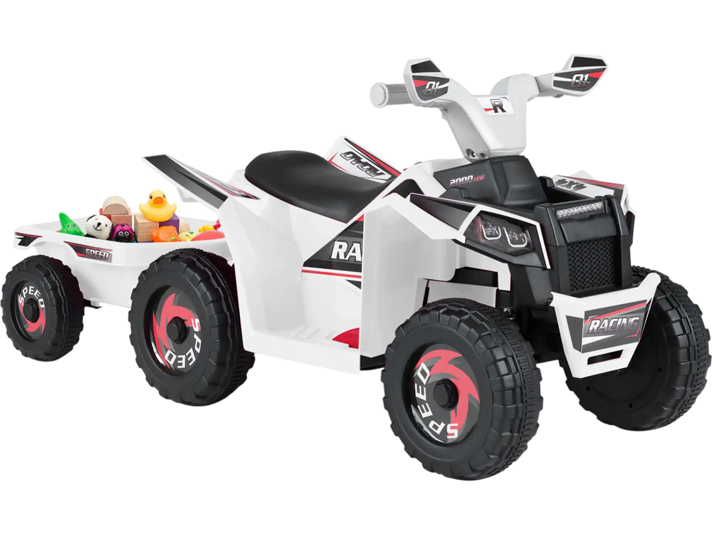 Kids electric ATV quad car in white with detachable trailer, designed for ages 3+, perfect for outdoor fun.