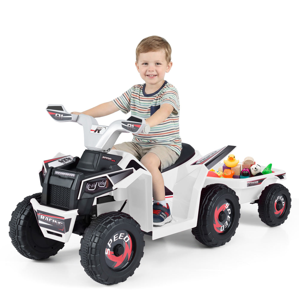 Kids electric ATV quad car in white with detachable trailer, designed for outdoor fun and motor skill development.
