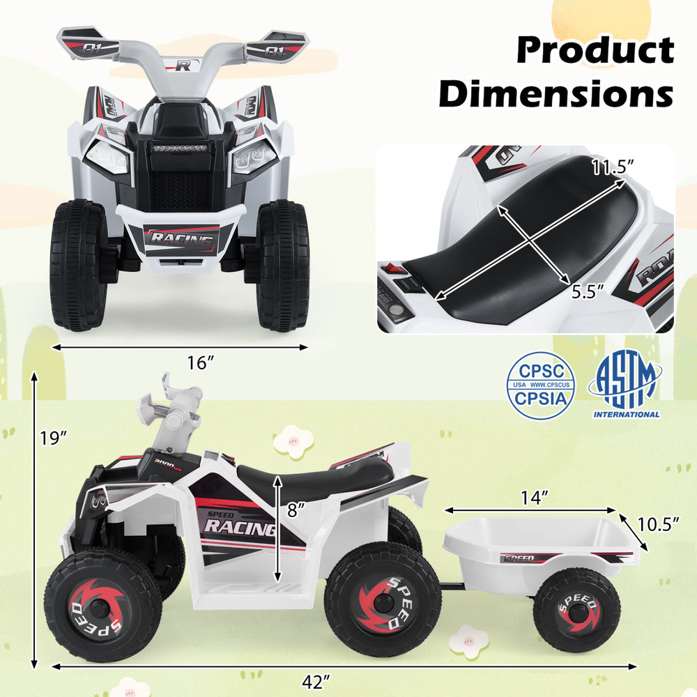 6V Kids Electric ATV Quad Car with detachable trailer, showcasing dimensions for optimal outdoor fun and safety.