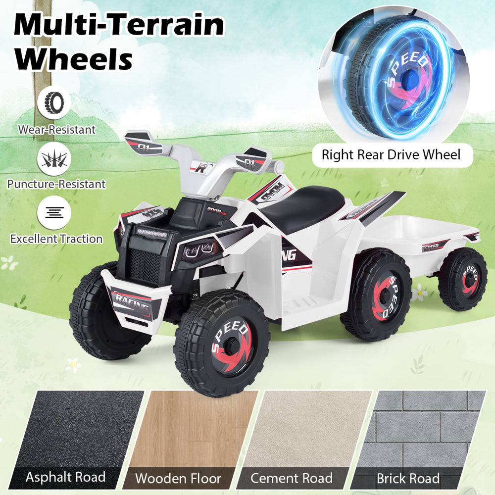 6V kids electric ATV quad car in white with detachable trailer and multi-terrain wheels for outdoor fun on various.