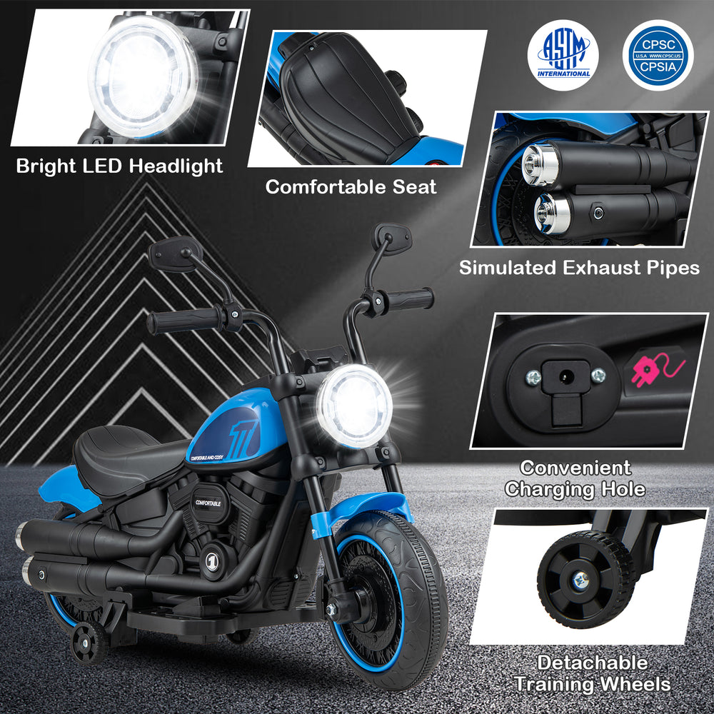 Kids electric motorcycle in blue with LED headlights, detachable training wheels, and comfortable seat for fun riding.