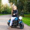 Kids electric motorcycle in blue with training wheels, LED headlights, and anti-slip handlebars for safe riding fun.