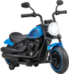 Kids electric motorcycle in blue with training wheels, LED headlights, and realistic throttle pedal for fun riding.