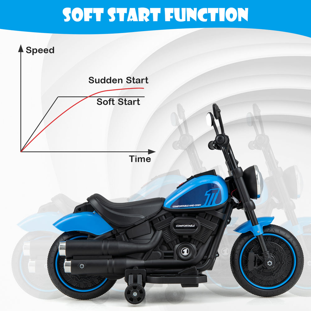 Kids electric motorcycle in blue with training wheels, featuring a soft start function for safe riding.