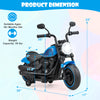 Kids electric motorcycle in blue with training wheels, LED headlights, and dimensions for ages 18+ months.