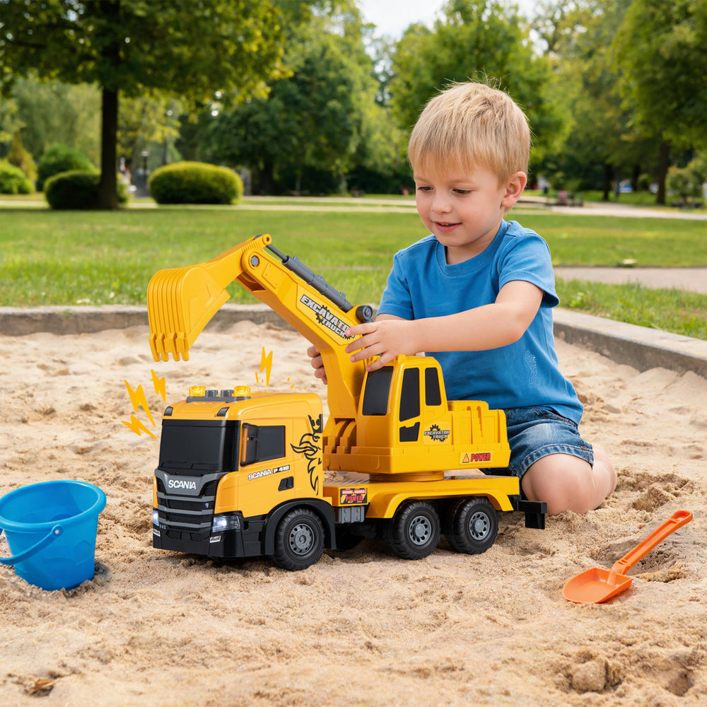 Licensed Scania excavator truck toy with adjustable arm, lights, and sounds for interactive outdoor play.