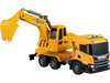 Yellow licensed Scania excavator truck toy features adjustable arm, sounds, lights, and 360° rotating cabin for kids.