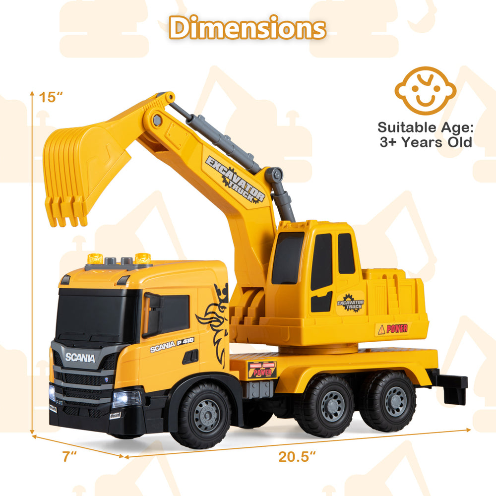 Licensed Scania excavator truck toy showcases impressive dimensions of 20.5” long and 15” high for engaging outdoor fun.