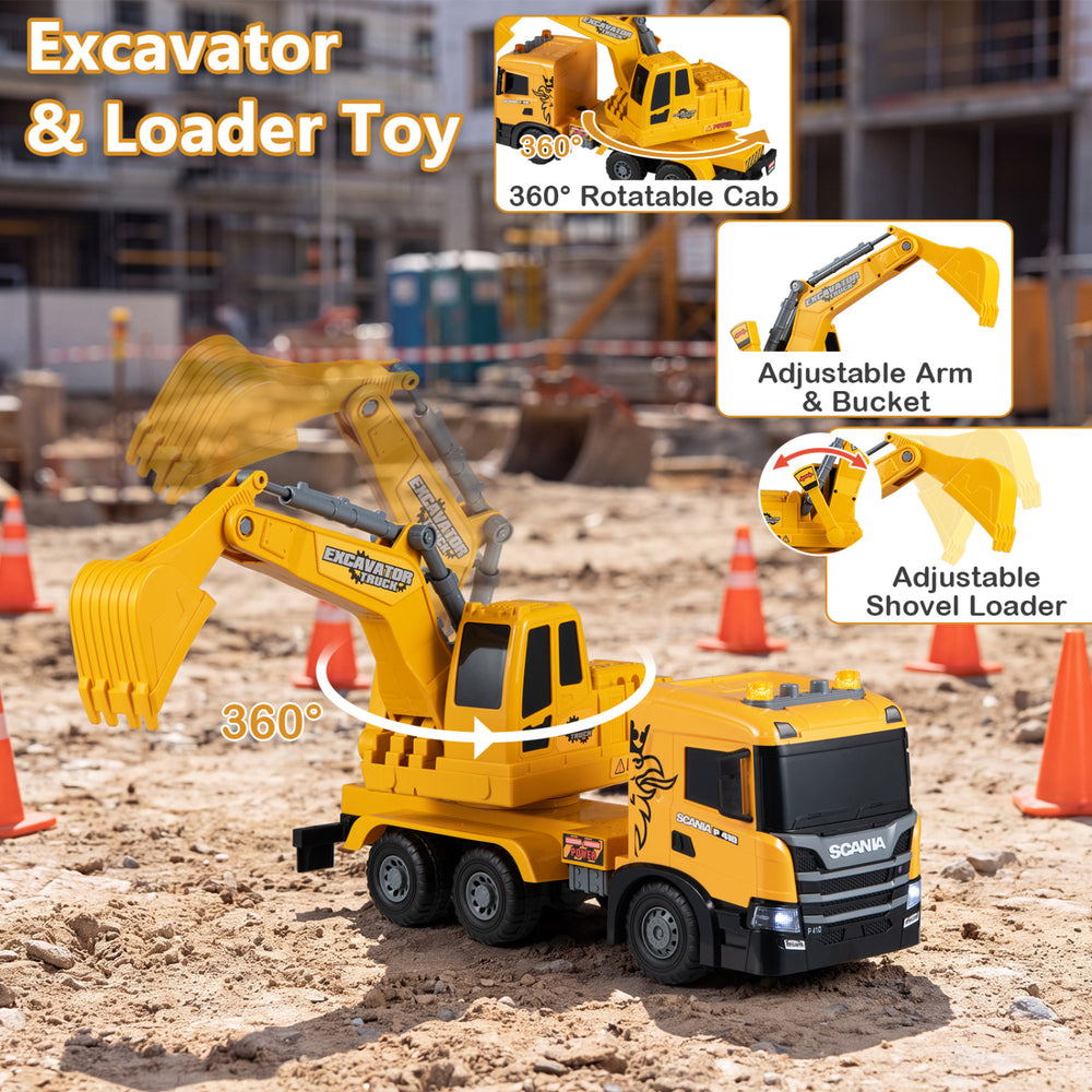 Licensed Scania excavator truck toy features adjustable arm, 360° rotating cab, lights, and sounds for interactive play.