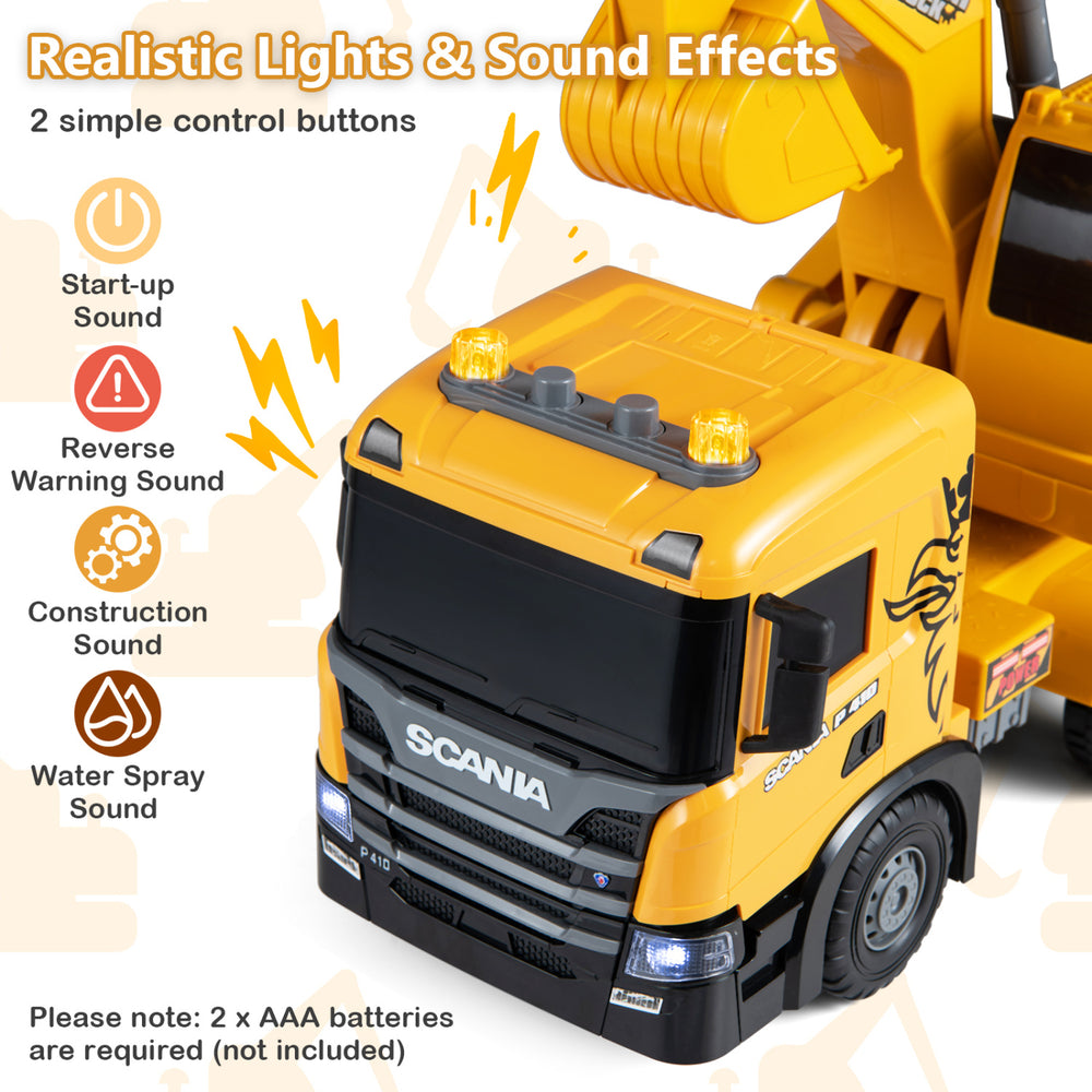 Licensed Scania excavator truck toy features lights, sounds, and an adjustable arm for interactive play and fun.