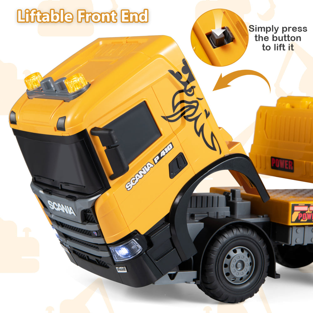 Licensed Scania excavator truck toy with lights, sounds, and a liftable front end for interactive play and fun.