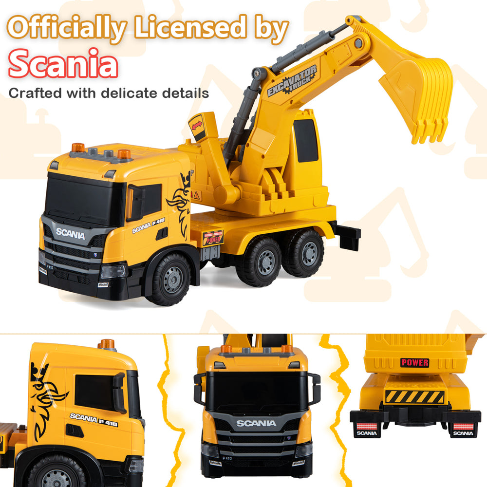 Licensed Scania excavator truck toy features adjustable arm, lights, sounds, and 360° rotating cabin for interactive play.