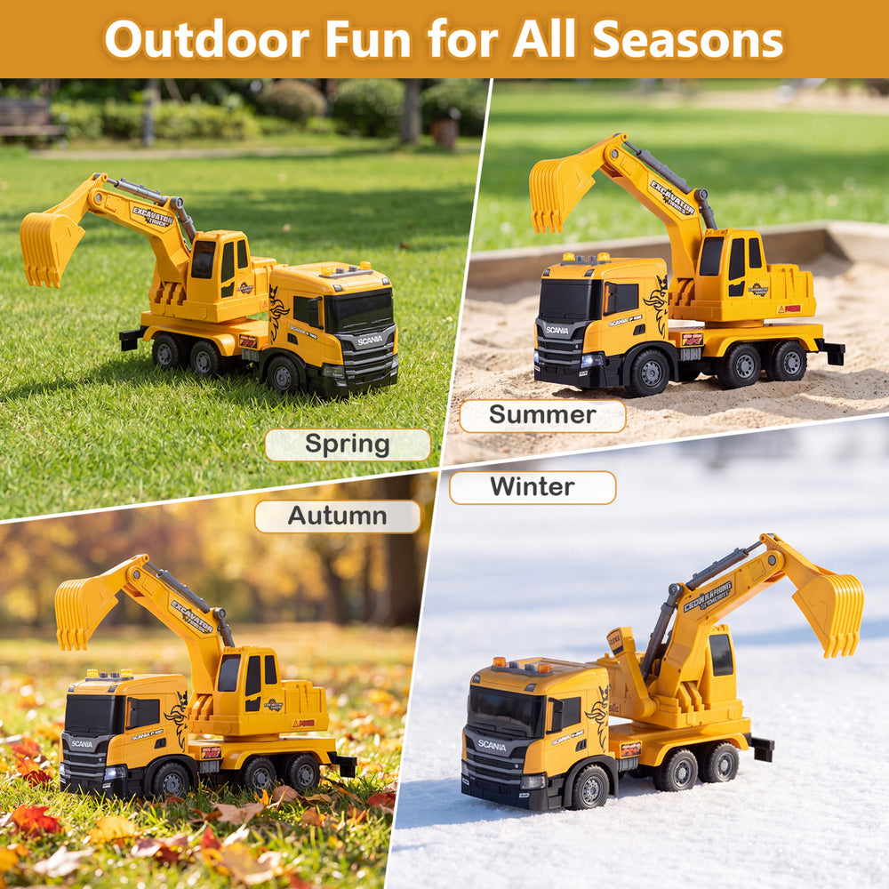 Licensed Scania excavator truck toy features adjustable arm, lights, and sounds for interactive outdoor play in all seasons.