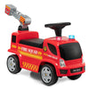 Kids push ride-on fire truck in red with ladder, lights, and siren, perfect for children aged 18-36 months.