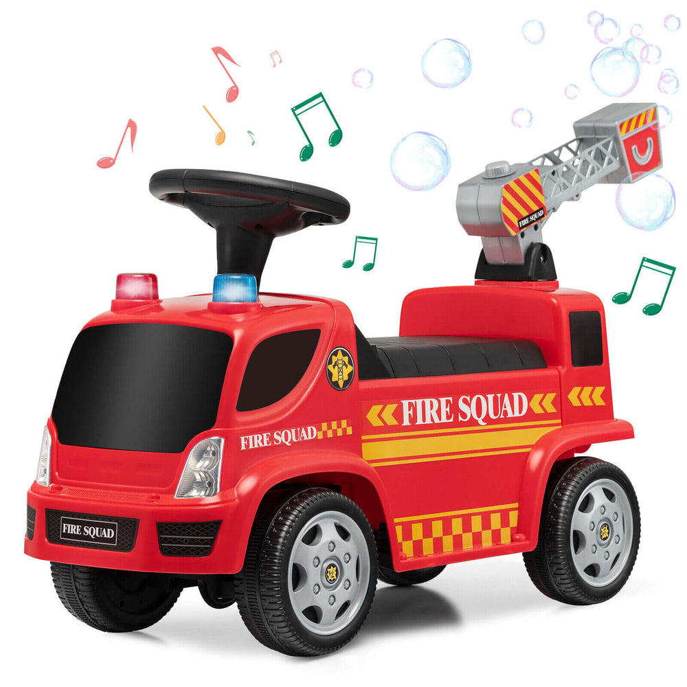 Kids push ride-on fire truck in red with ladder, bubble maker, headlights, and multifunctional features for ages 18-36.