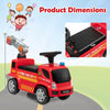 Kids push ride-on fire truck in red with dimensions, featuring a ladder bubble maker and headlights for fun outdoor.