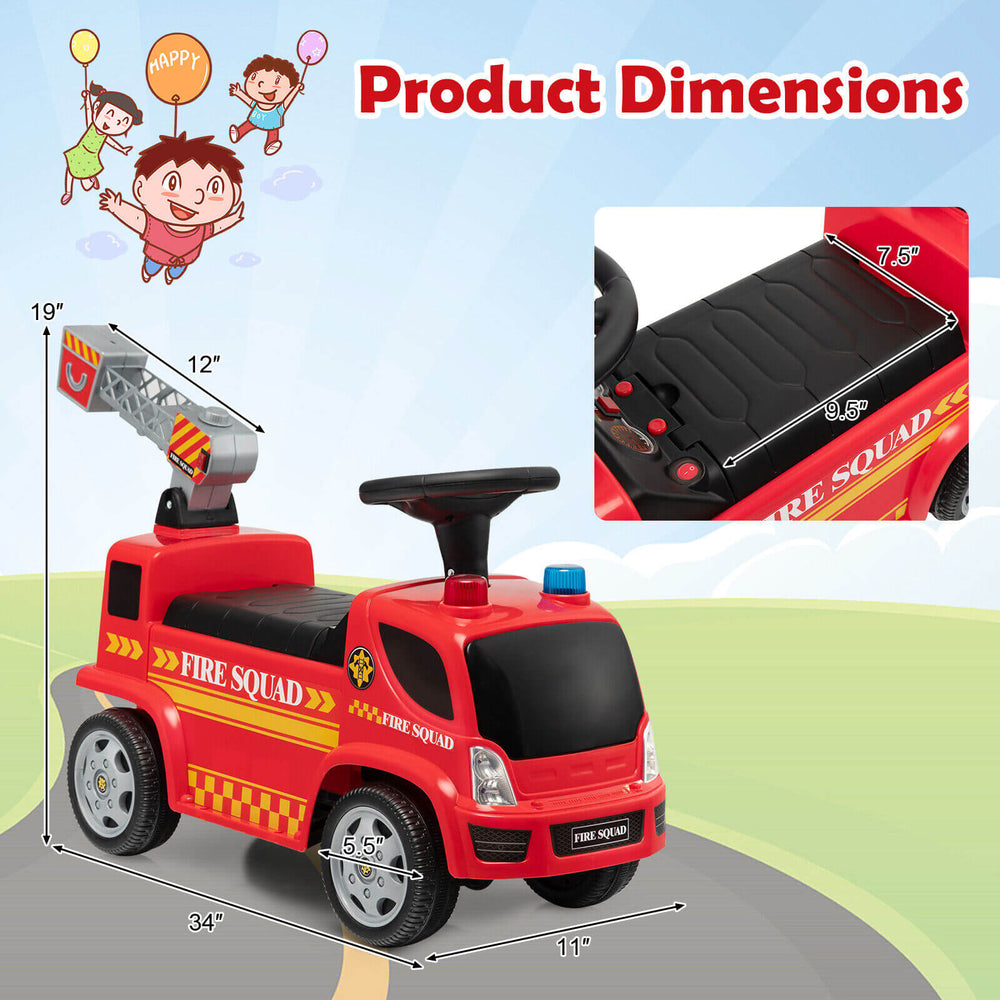 Kids push ride-on fire truck in red with dimensions, featuring a ladder bubble maker and headlights for fun outdoor.