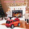 Kids push ride-on fire truck in red with ladder, headlights, and bubble maker, perfect for ages 18-36 months.