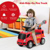 Kids ride-on fire truck in red with ladder, headlights, and bubble maker, designed for children 18-36 months.