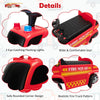 Kids push ride-on fire truck in red with flashing lights, comfortable seat, and bubble maker for toddlers aged 18-36.